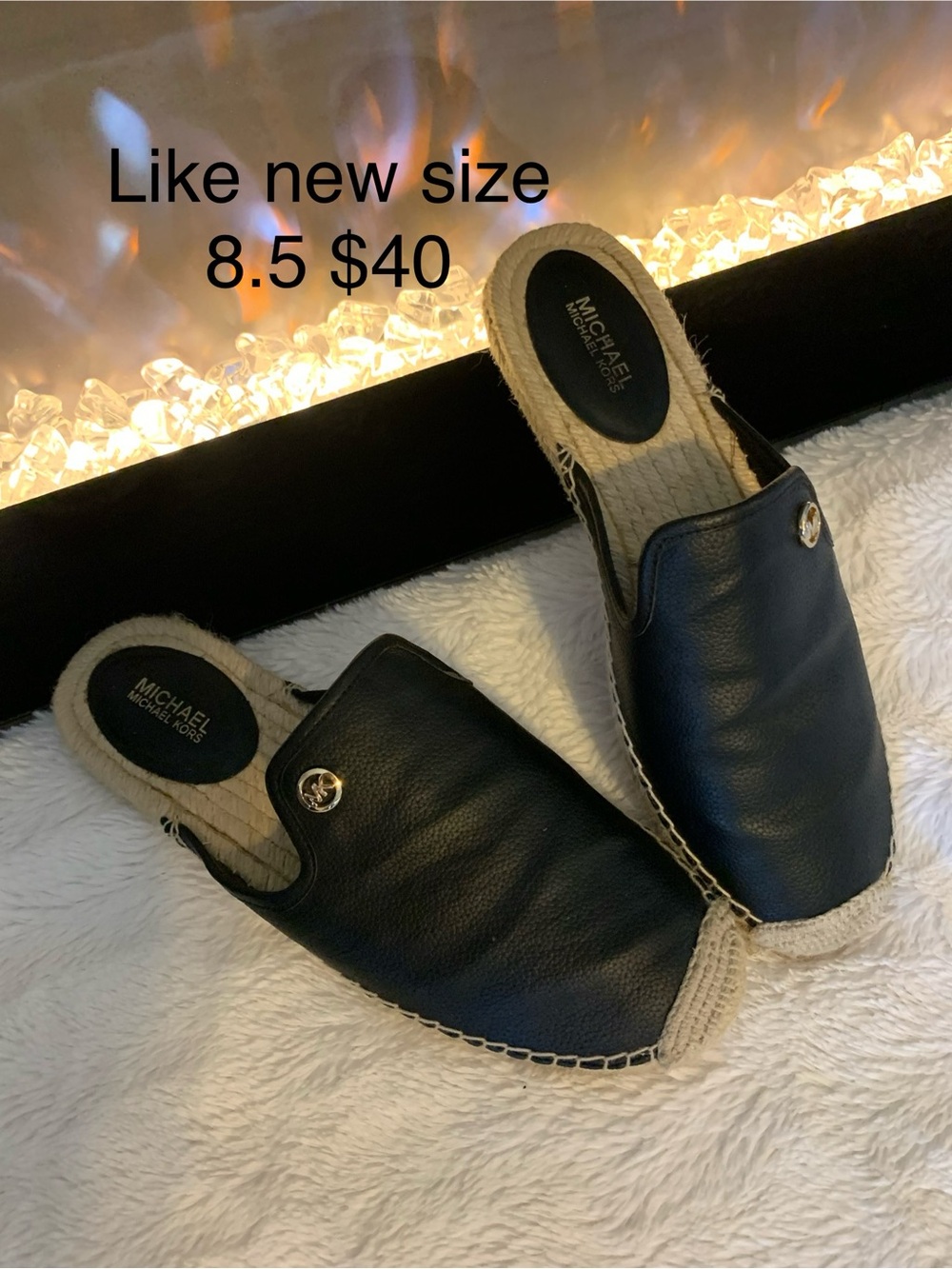 Michael Kors Black Leather Slip-On Espadrille Mules